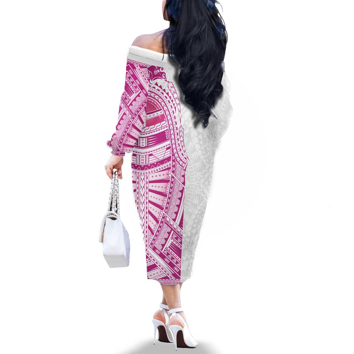 Traditional Polynesian Art Tattoos Family Matching Off The Shoulder Long Sleeve Dress and Hawaiian Shirt Pink Color - Polynesian Pride