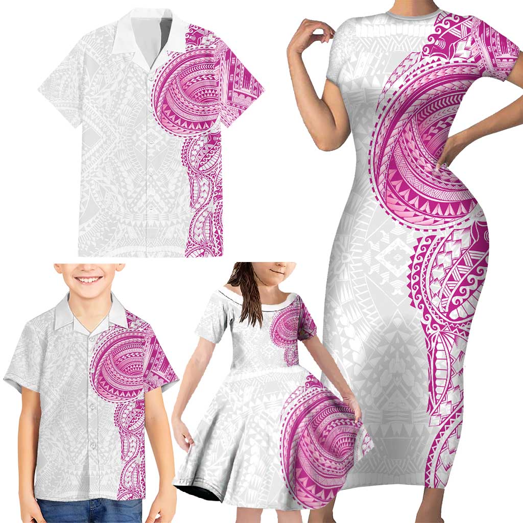 Traditional Polynesian Art Tattoos Family Matching Short Sleeve Bodycon Dress and Hawaiian Shirt Pink Color LT03 - Polynesian Pride