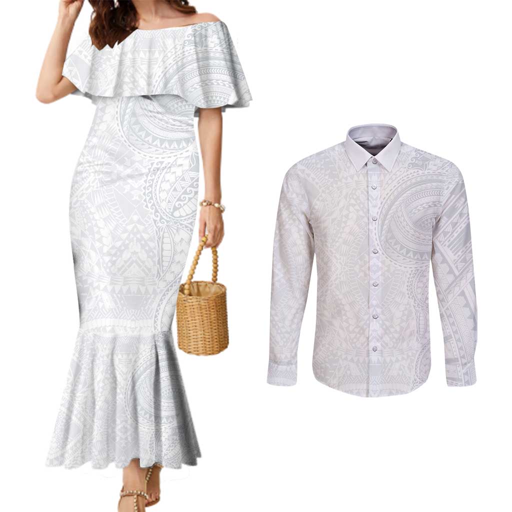 Lotu Tamaiti Couples Matching Mermaid Dress and Long Sleeve Button Shirt Traditional Samoan Art Tattoos - Polynesian Pride