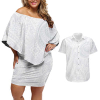 Lotu Tamaiti Couples Matching Off Shoulder Short Dress and Hawaiian Shirt Traditional Samoan Art Tattoos LT03 White - Polynesian Pride