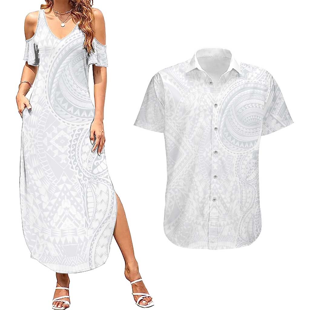 Lotu Tamaiti Couples Matching Summer Maxi Dress and Hawaiian Shirt Traditional Samoan Art Tattoos LT03 White - Polynesian Pride