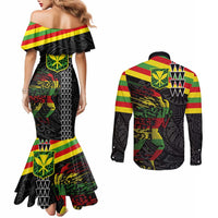 Kanaka Maoli Running Couples Matching Mermaid Dress and Long Sleeve Button Shirt Kakau Pattern with Kanaka Maoli Flag Color