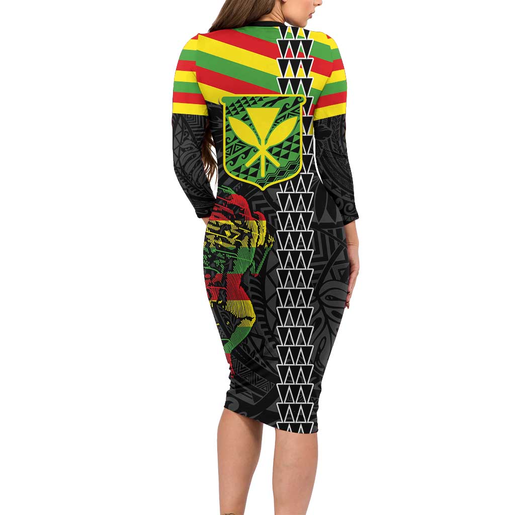 Kanaka Maoli Running Long Sleeve Bodycon Dress Kakau Pattern with Kanaka Maoli Flag Color