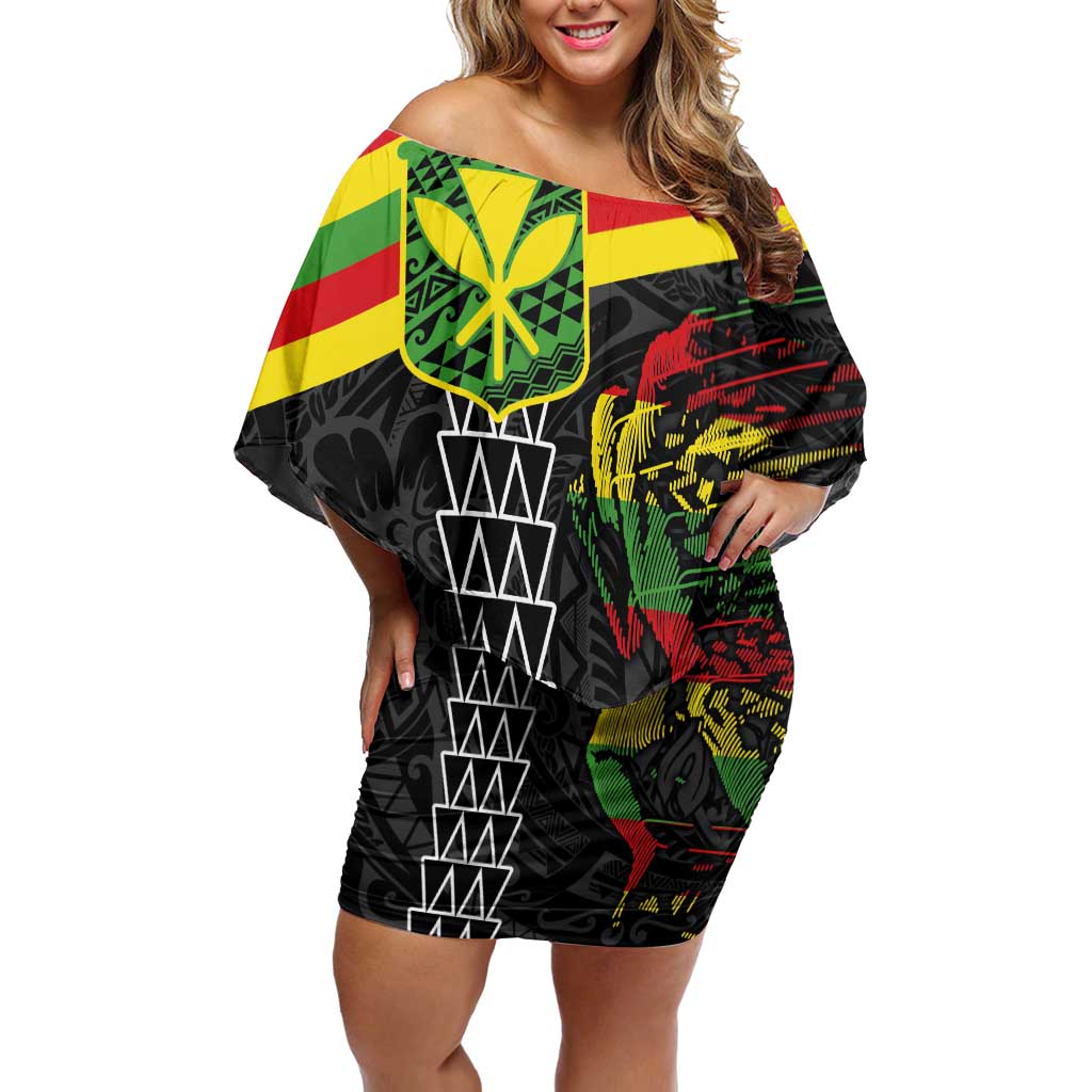 Kanaka Maoli Running Off Shoulder Short Dress Kakau Pattern with Kanaka Maoli Flag Color