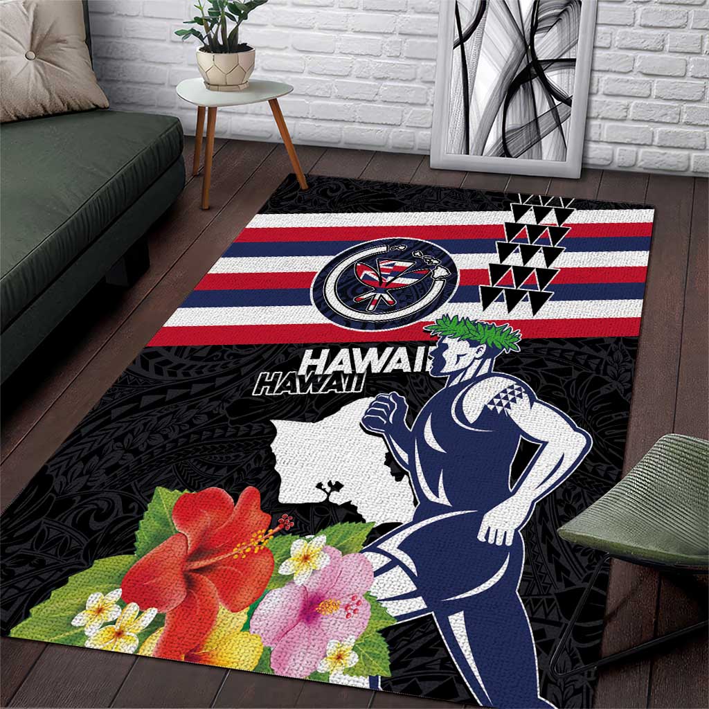 Honolulu Running Race Area Rug Hawaii Marathon Kakau Art with Hibiscus and National Flag Style