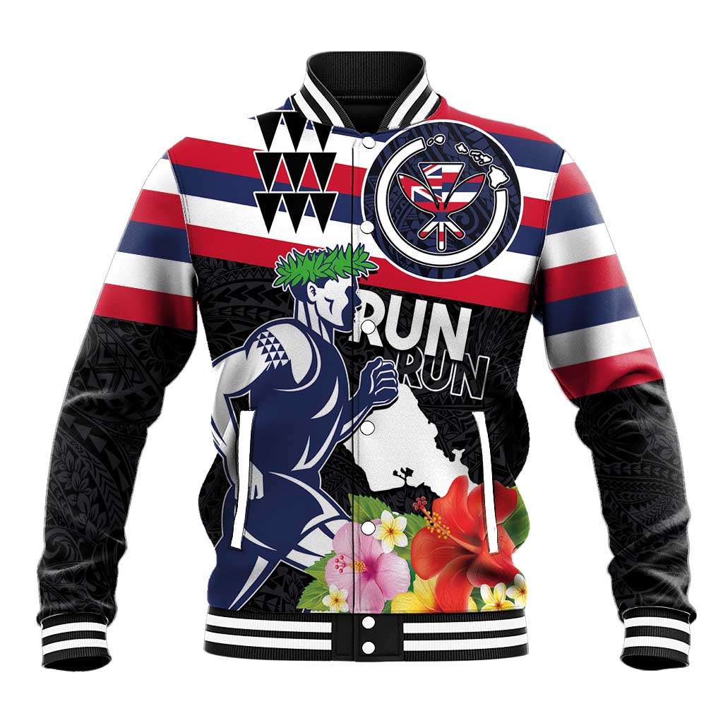 Honolulu Running Race Baseball Jacket Hawaii Marathon Kakau Art with Hibiscus and National Flag Style