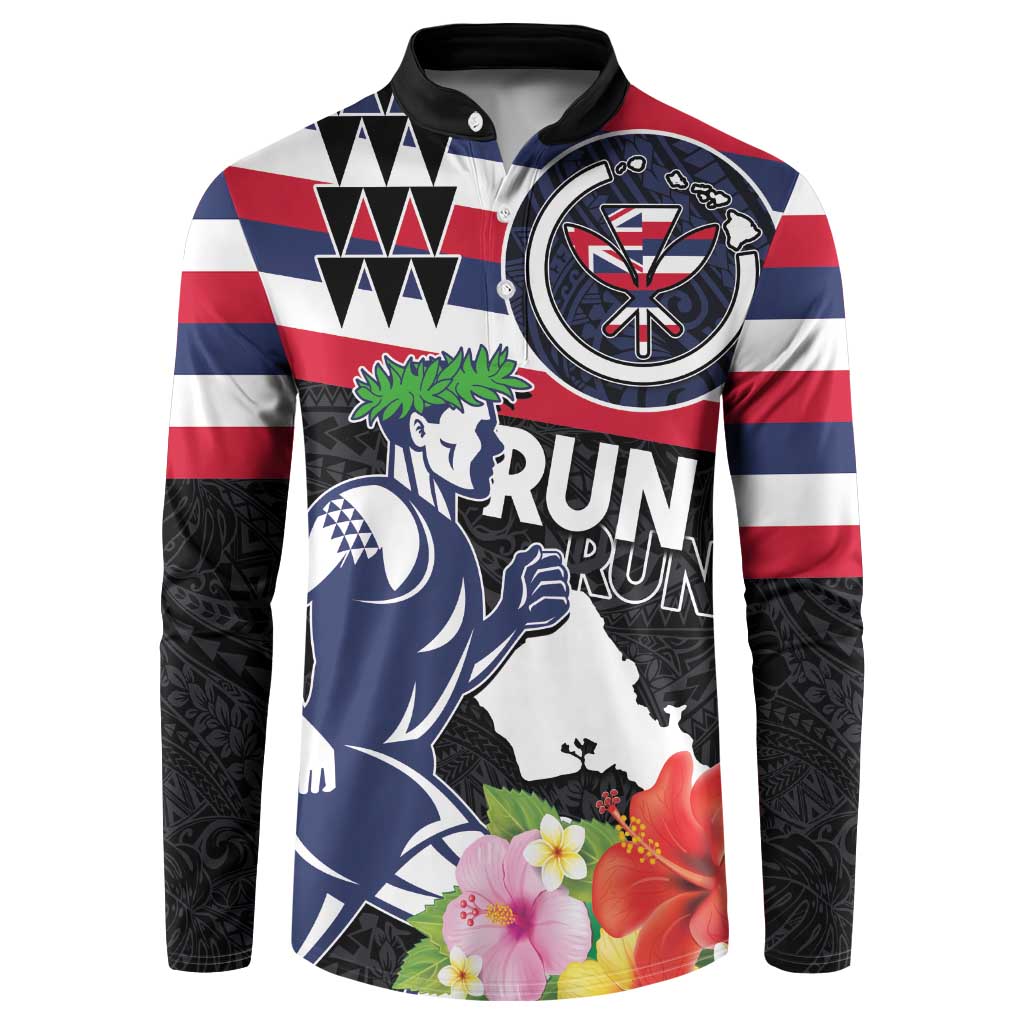 Honolulu Running Race Button Sweatshirt Hawaii Marathon Kakau Art with Hibiscus and National Flag Style