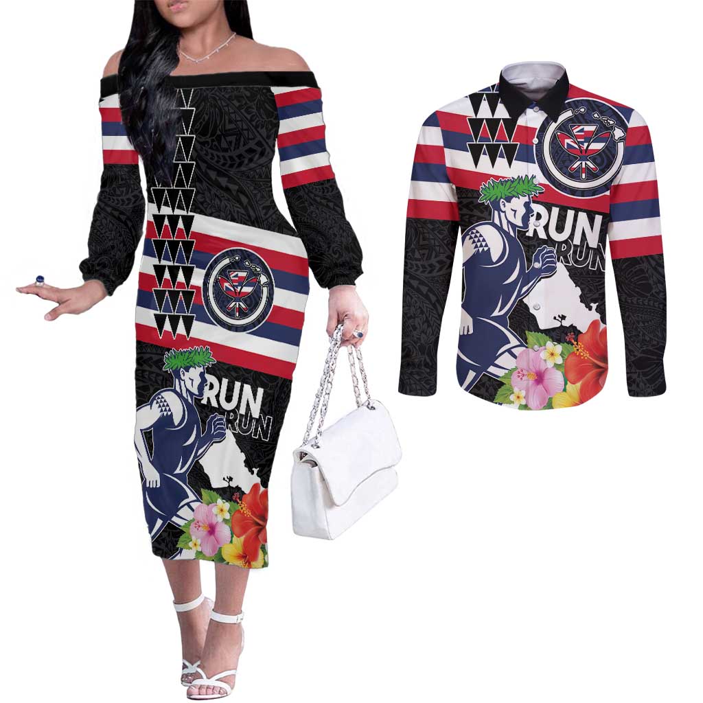 Honolulu Running Race Couples Matching Off The Shoulder Long Sleeve Dress and Long Sleeve Button Shirt Hawaii Marathon Kakau Art with Hibiscus and National Flag Style