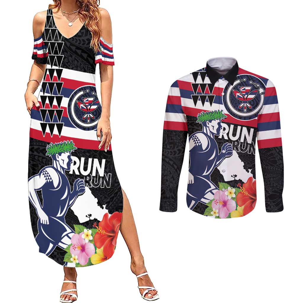 Honolulu Running Race Couples Matching Summer Maxi Dress and Long Sleeve Button Shirt Hawaii Marathon Kakau Art with Hibiscus and National Flag Style