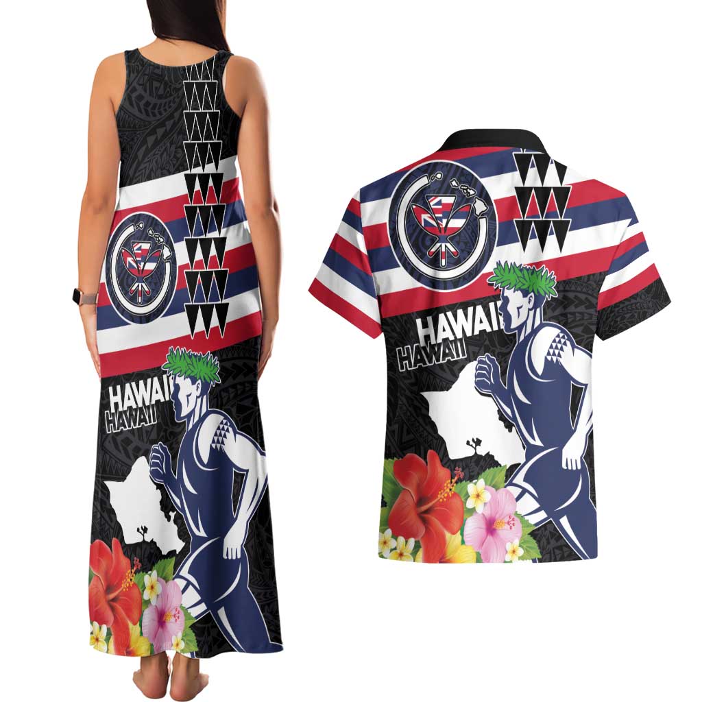 Honolulu Running Race Couples Matching Tank Maxi Dress and Hawaiian Shirt Hawaii Marathon Kakau Art with Hibiscus and National Flag Style