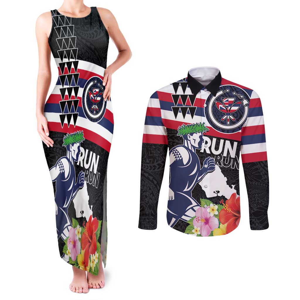 Honolulu Running Race Couples Matching Tank Maxi Dress and Long Sleeve Button Shirt Hawaii Marathon Kakau Art with Hibiscus and National Flag Style