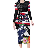Honolulu Running Race Family Matching Long Sleeve Bodycon Dress and Hawaiian Shirt Hawaii Marathon Kakau Art with Hibiscus and National Flag Style
