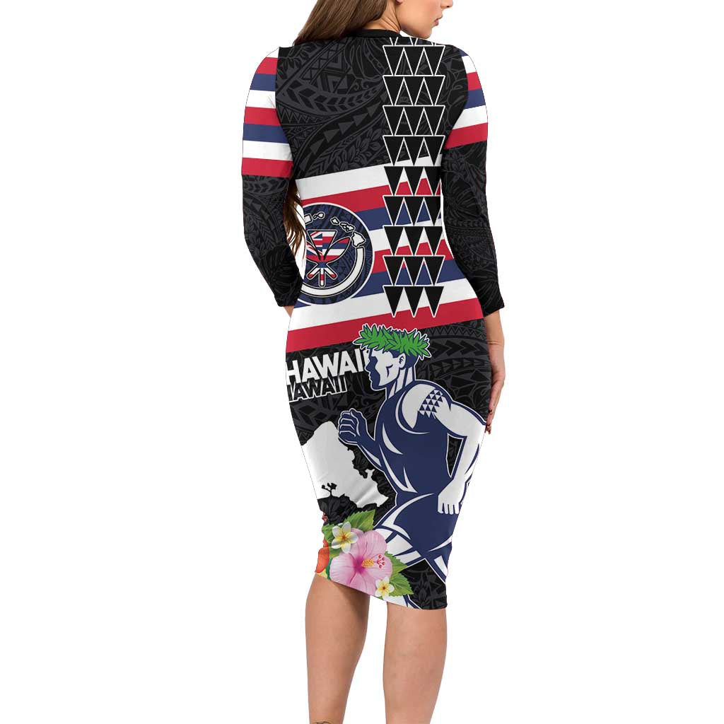 Honolulu Running Race Family Matching Long Sleeve Bodycon Dress and Hawaiian Shirt Hawaii Marathon Kakau Art with Hibiscus and National Flag Style