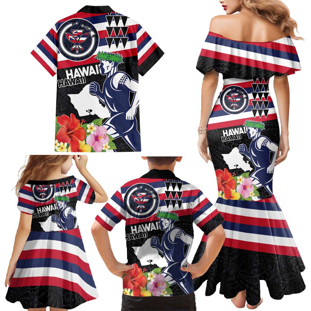 Honolulu Running Race Family Matching Mermaid Dress and Hawaiian Shirt Hawaii Marathon Kakau Art with Hibiscus and National Flag Style