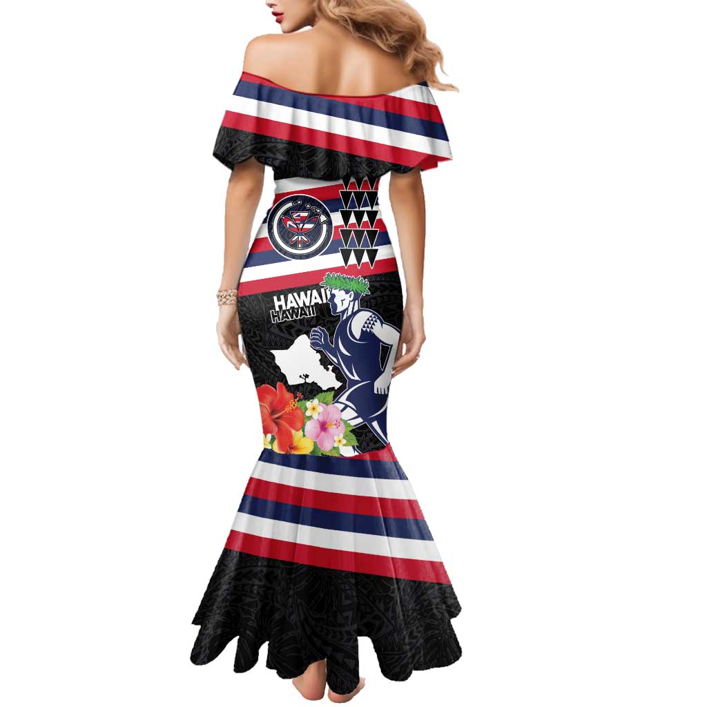 Honolulu Running Race Family Matching Mermaid Dress and Hawaiian Shirt Hawaii Marathon Kakau Art with Hibiscus and National Flag Style