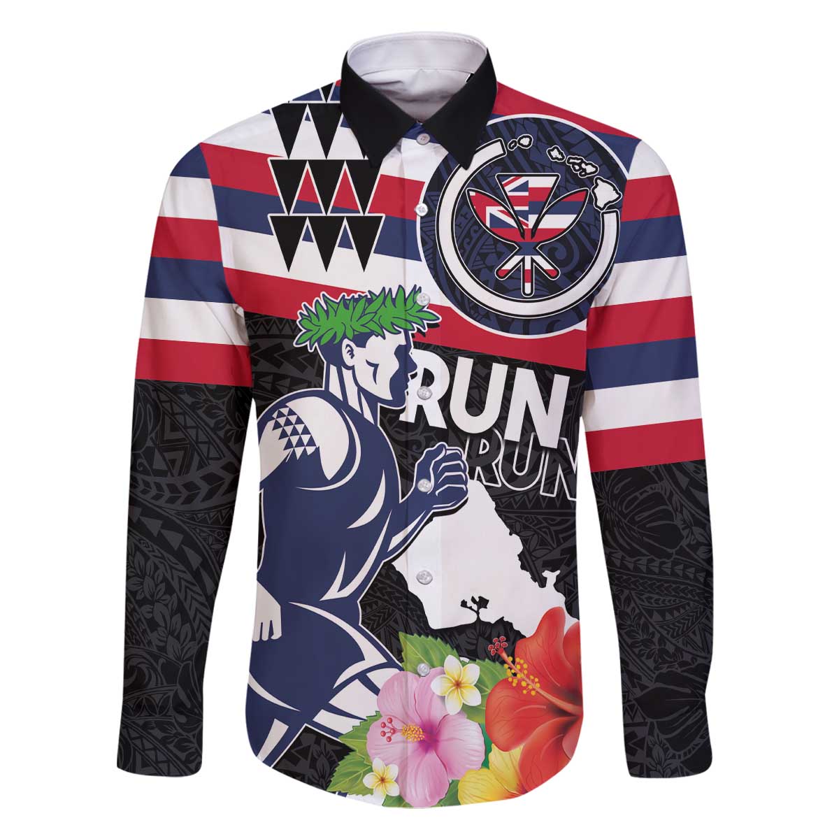 Honolulu Running Race Family Matching Off The Shoulder Long Sleeve Dress and Hawaiian Shirt Hawaii Marathon Kakau Art with Hibiscus and National Flag Style