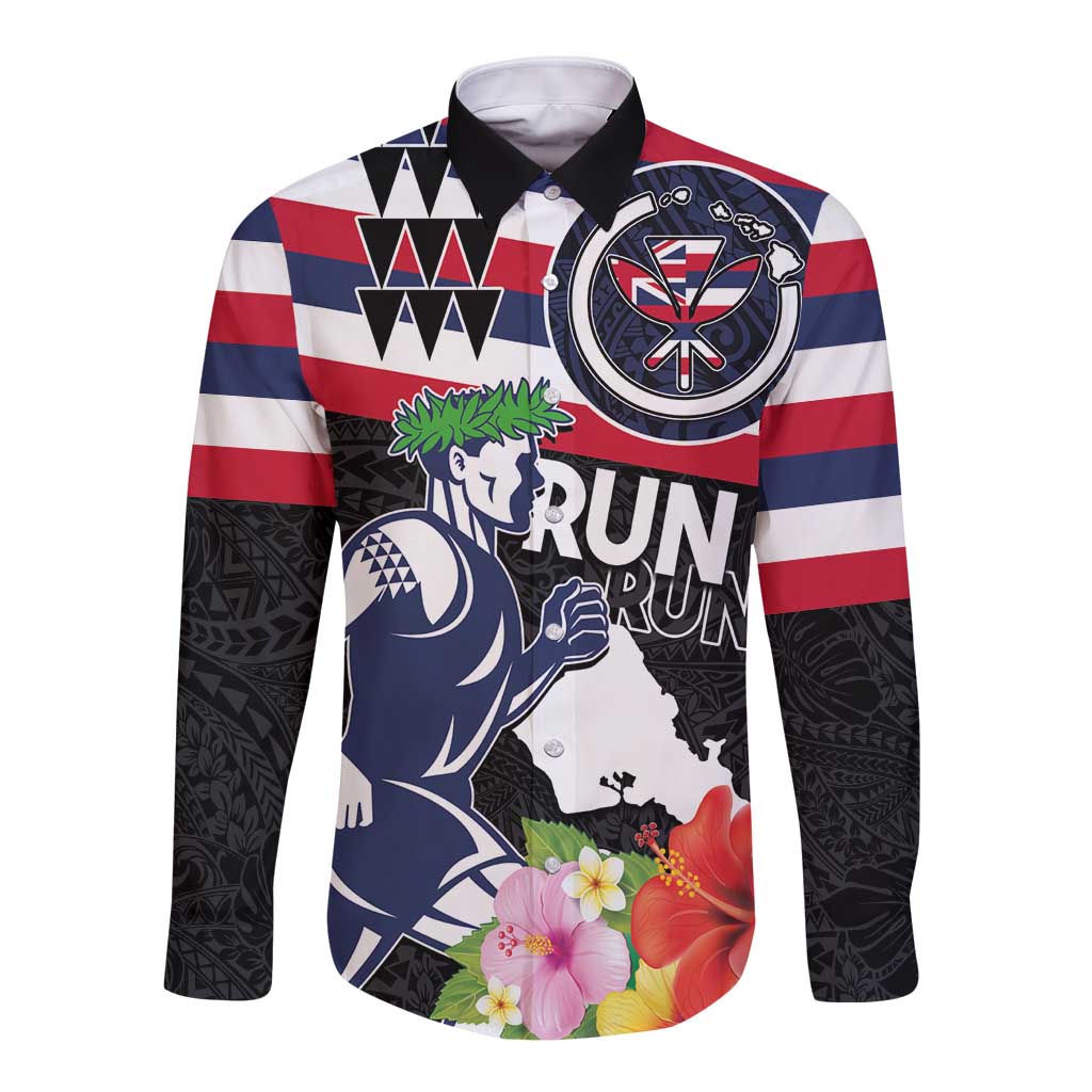 Honolulu Running Race Long Sleeve Button Shirt Hawaii Marathon Kakau Art with Hibiscus and National Flag Style