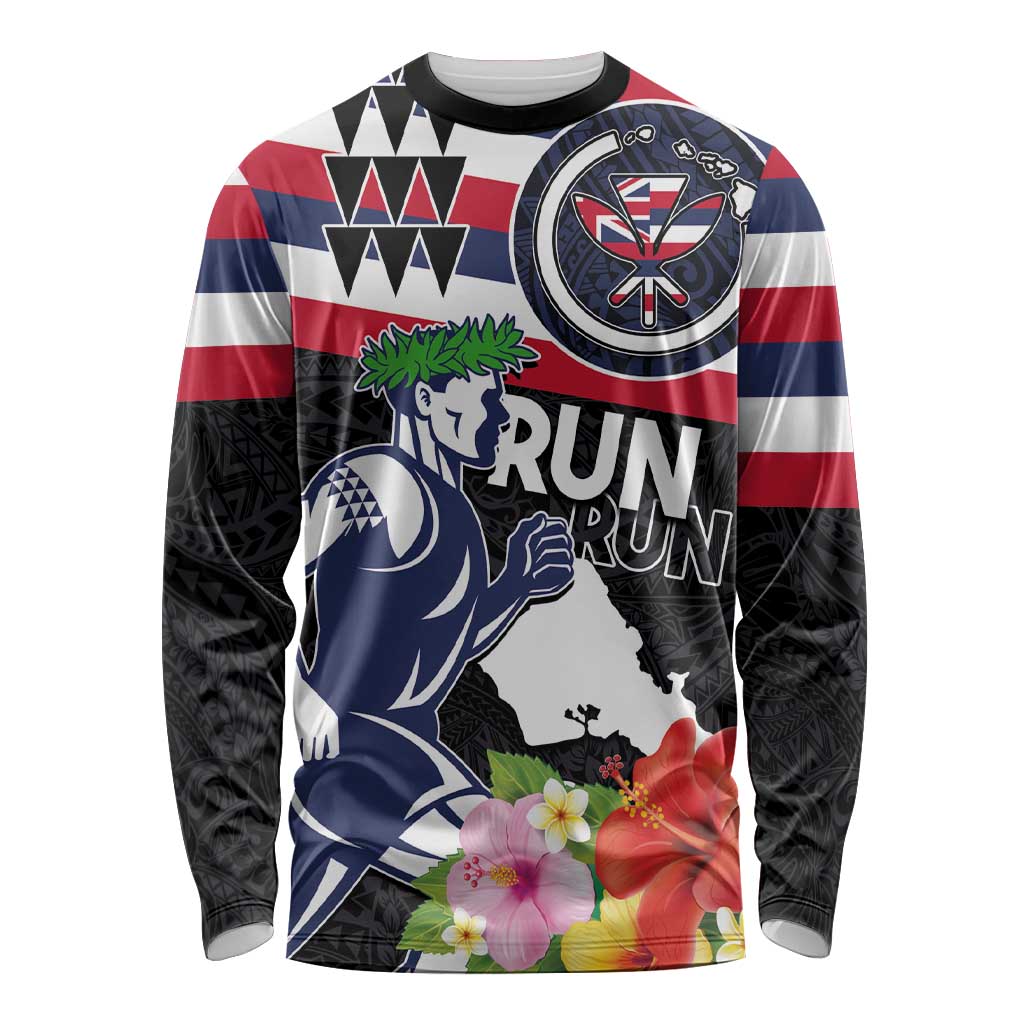 Honolulu Running Race Long Sleeve Shirt Hawaii Marathon Kakau Art with Hibiscus and National Flag Style