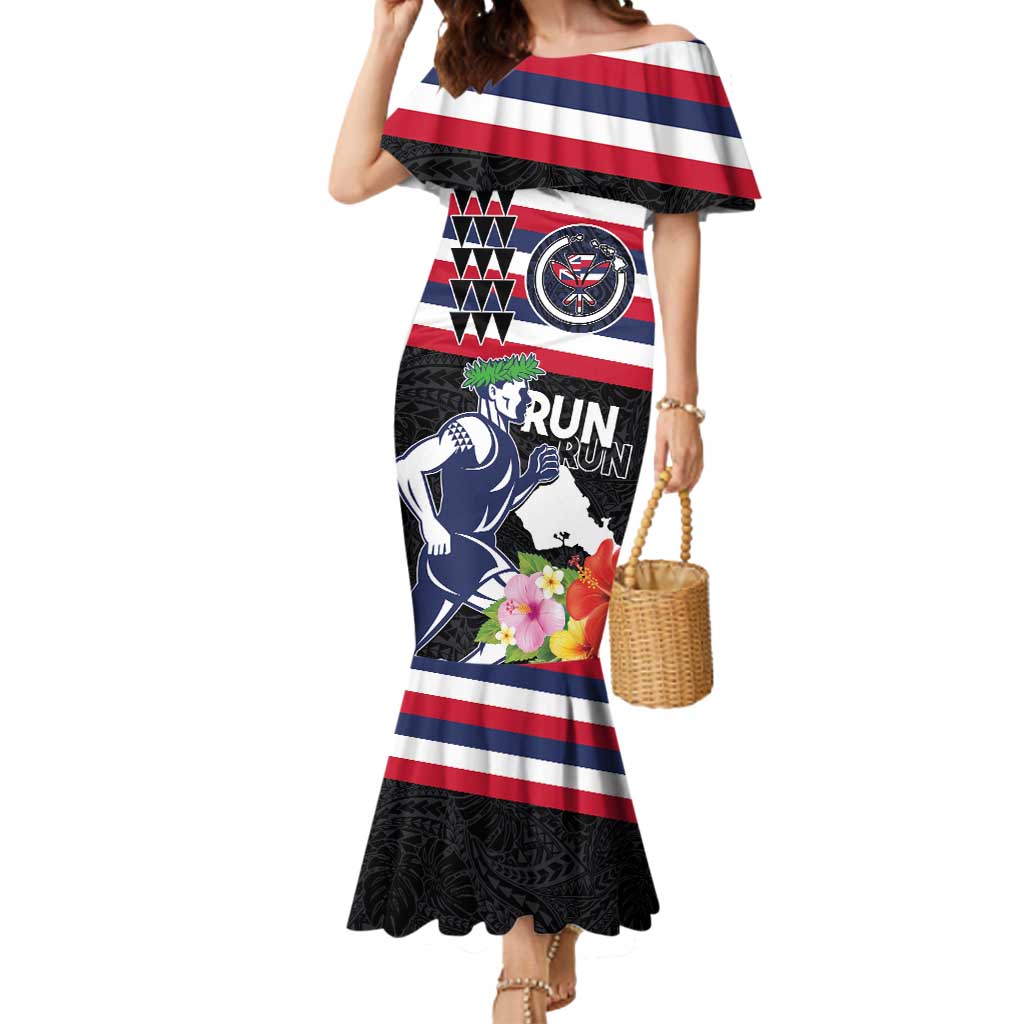 Honolulu Running Race Mermaid Dress Hawaii Marathon Kakau Art with Hibiscus and National Flag Style LT03 Women Blue and White - Polynesian Pride