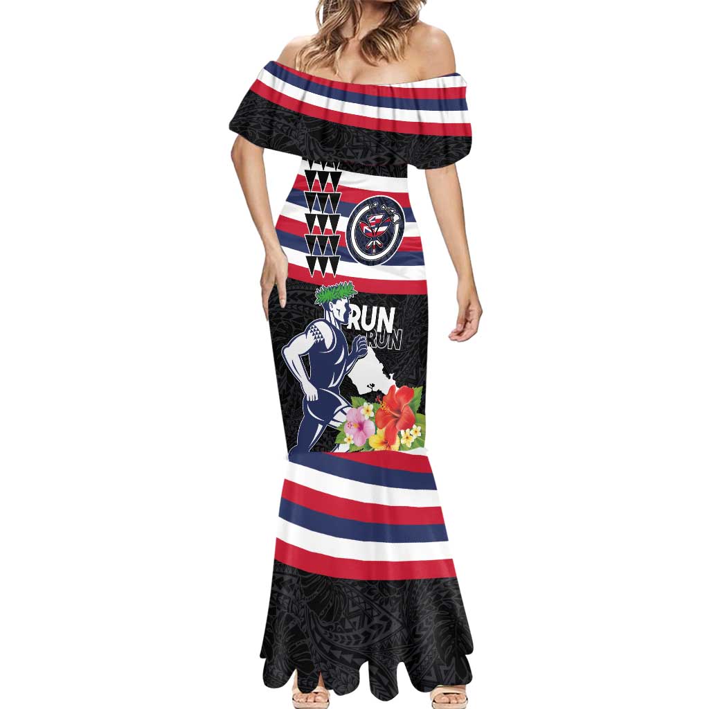 Honolulu Running Race Mermaid Dress Hawaii Marathon Kakau Art with Hibiscus and National Flag Style LT03 - Polynesian Pride