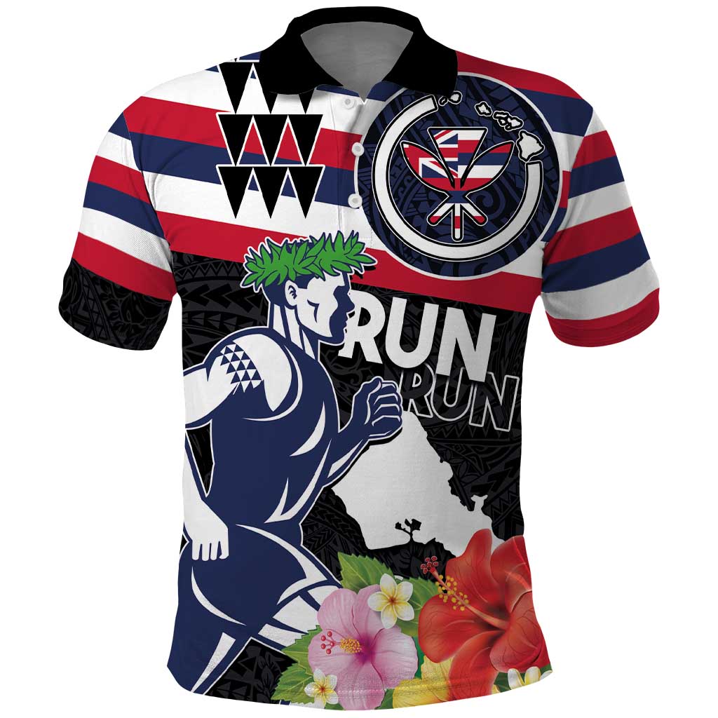 Honolulu Running Race Polo Shirt Hawaii Marathon Kakau Art with Hibiscus and National Flag Style