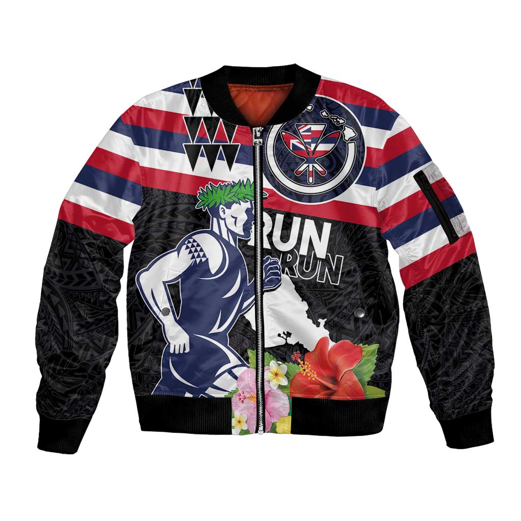 Honolulu Running Race Sleeve Zip Bomber Jacket Hawaii Marathon Kakau Art with Hibiscus and National Flag Style