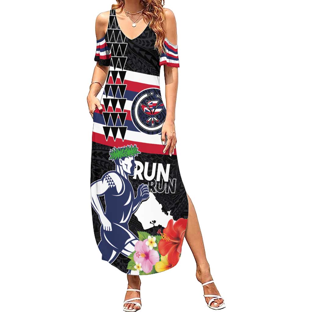 Honolulu Running Race Summer Maxi Dress Hawaii Marathon Kakau Art with Hibiscus and National Flag Style