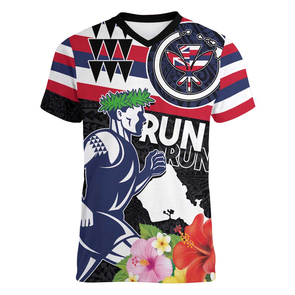 Honolulu Running Race Women V-Neck T-Shirt Hawaii Marathon Kakau Art with Hibiscus and National Flag Style