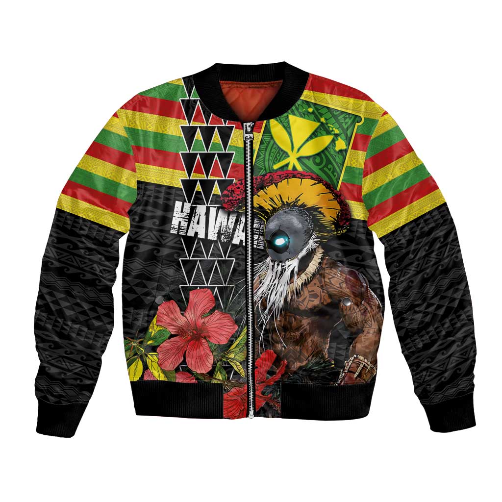 Kanaka Maoli Ikaika Warrior Bomber Jacket Hibiscus Kakau Art and Tapa Tribal Pattern