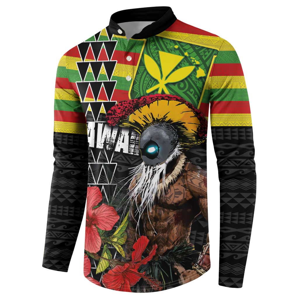 Kanaka Maoli Ikaika Warrior Button Sweatshirt Hibiscus Kakau Art and Tapa Tribal Pattern