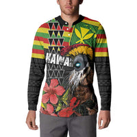 Kanaka Maoli Ikaika Warrior Button Sweatshirt Hibiscus Kakau Art and Tapa Tribal Pattern