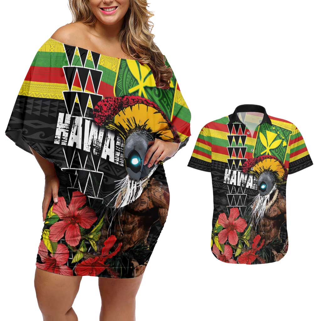 Kanaka Maoli Ikaika Warrior Couples Matching Off Shoulder Short Dress and Hawaiian Shirt Hibiscus Kakau Art and Tapa Tribal Pattern