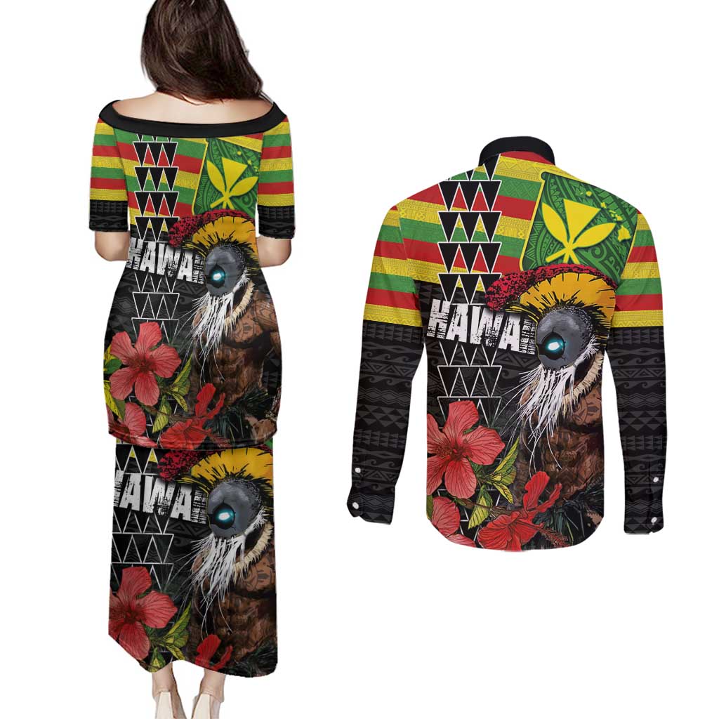 Kanaka Maoli Ikaika Warrior Couples Matching Puletasi and Long Sleeve Button Shirt Hibiscus Kakau Art and Tapa Tribal Pattern
