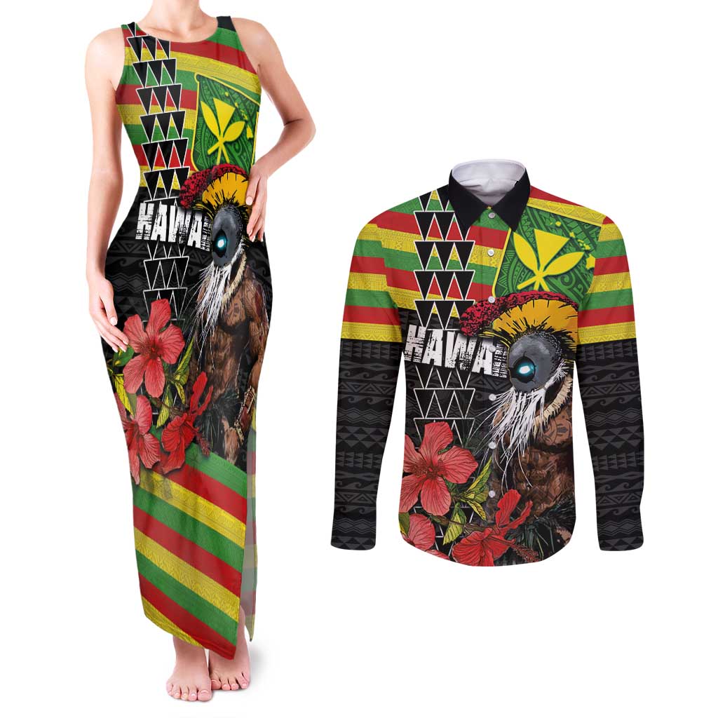Kanaka Maoli Ikaika Warrior Couples Matching Tank Maxi Dress and Long Sleeve Button Shirt Hibiscus Kakau Art and Tapa Tribal Pattern