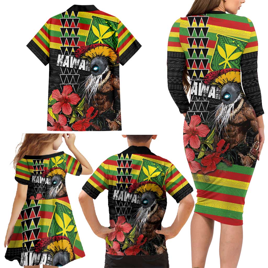 Kanaka Maoli Ikaika Warrior Family Matching Long Sleeve Bodycon Dress and Hawaiian Shirt Hibiscus Kakau Art and Tapa Tribal Pattern