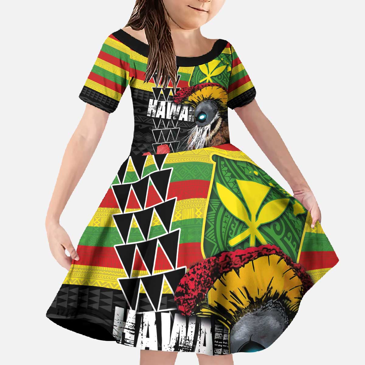 Kanaka Maoli Ikaika Warrior Family Matching Off The Shoulder Long Sleeve Dress and Hawaiian Shirt Hibiscus Kakau Art and Tapa Tribal Pattern LT03 Daughter's Dress Black - Polynesian Pride