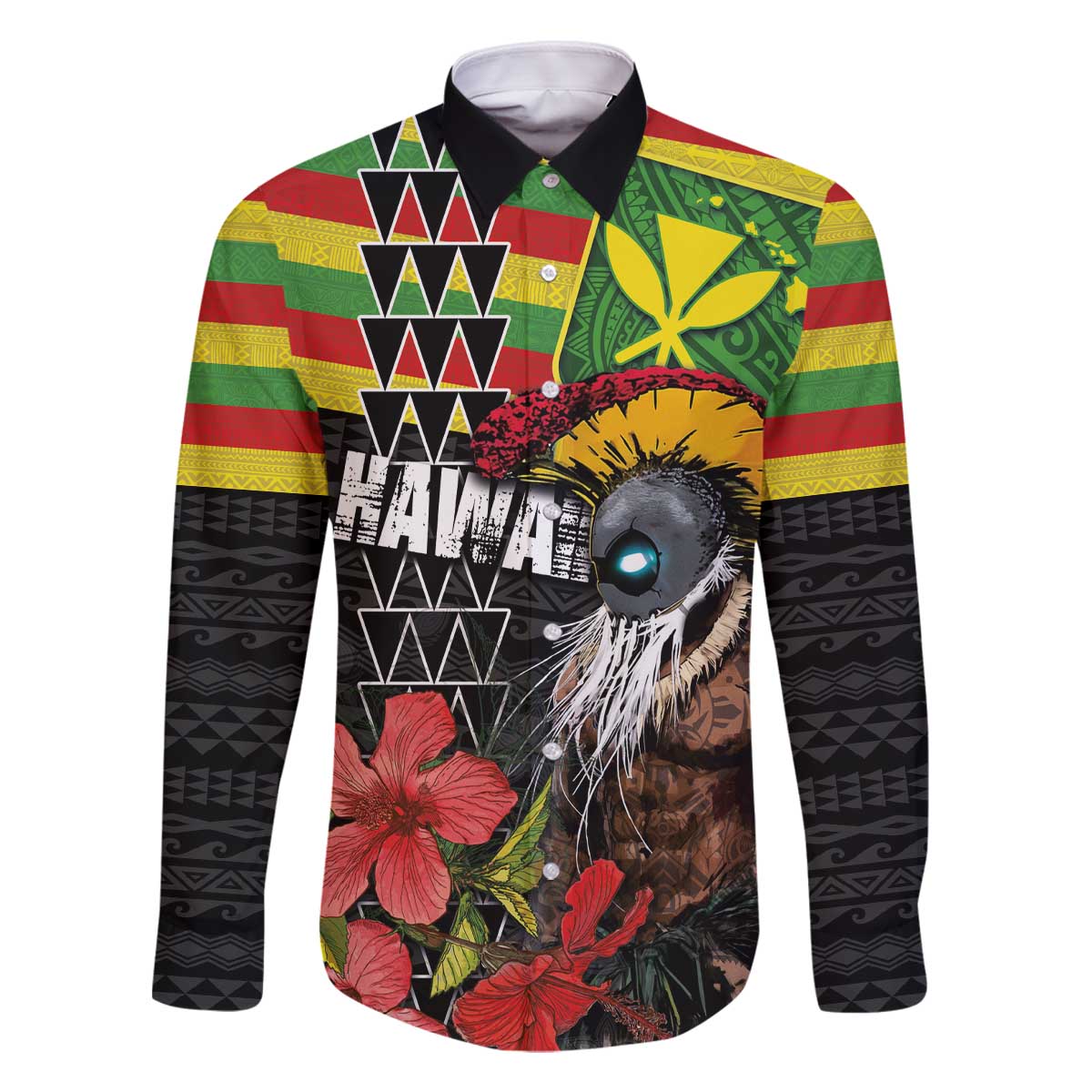 Kanaka Maoli Ikaika Warrior Family Matching Off The Shoulder Long Sleeve Dress and Hawaiian Shirt Hibiscus Kakau Art and Tapa Tribal Pattern LT03 Dad's Shirt - Long Sleeve Black - Polynesian Pride