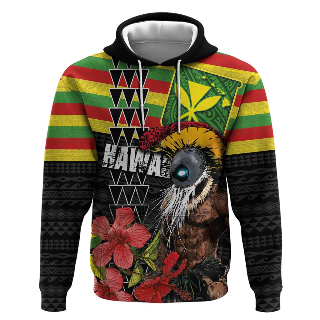 Kanaka Maoli Ikaika Warrior Hoodie Hibiscus Kakau Art and Tapa Tribal Pattern