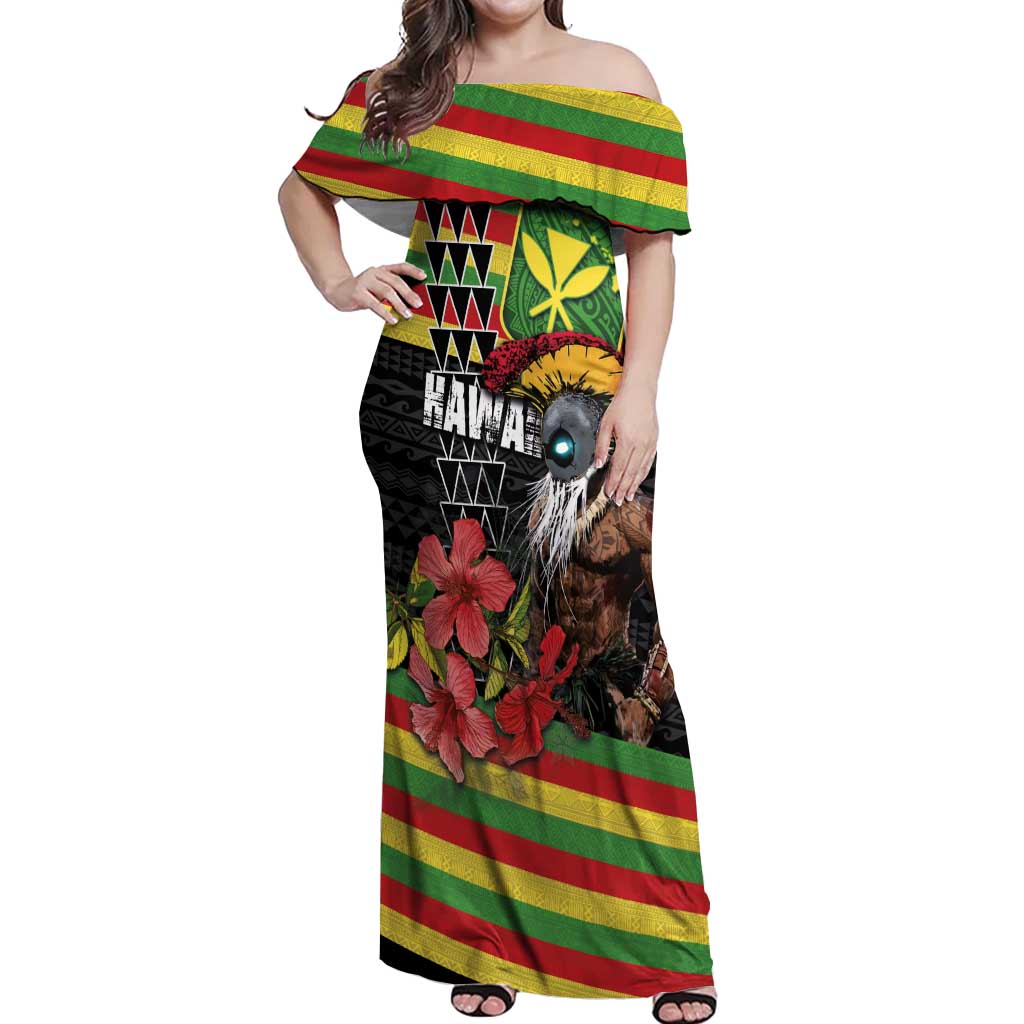 Kanaka Maoli Ikaika Warrior Off Shoulder Maxi Dress Hibiscus Kakau Art and Tapa Tribal Pattern