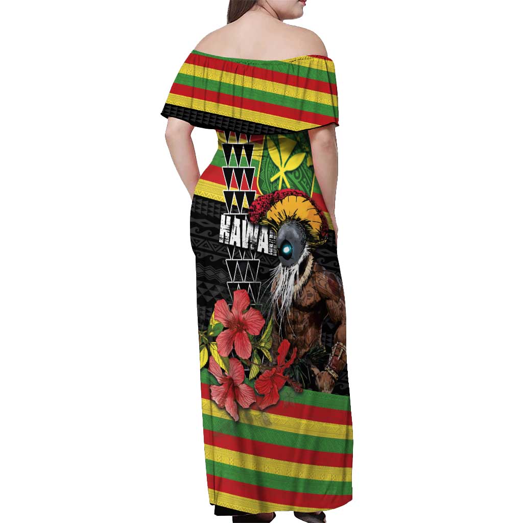 Kanaka Maoli Ikaika Warrior Off Shoulder Maxi Dress Hibiscus Kakau Art and Tapa Tribal Pattern