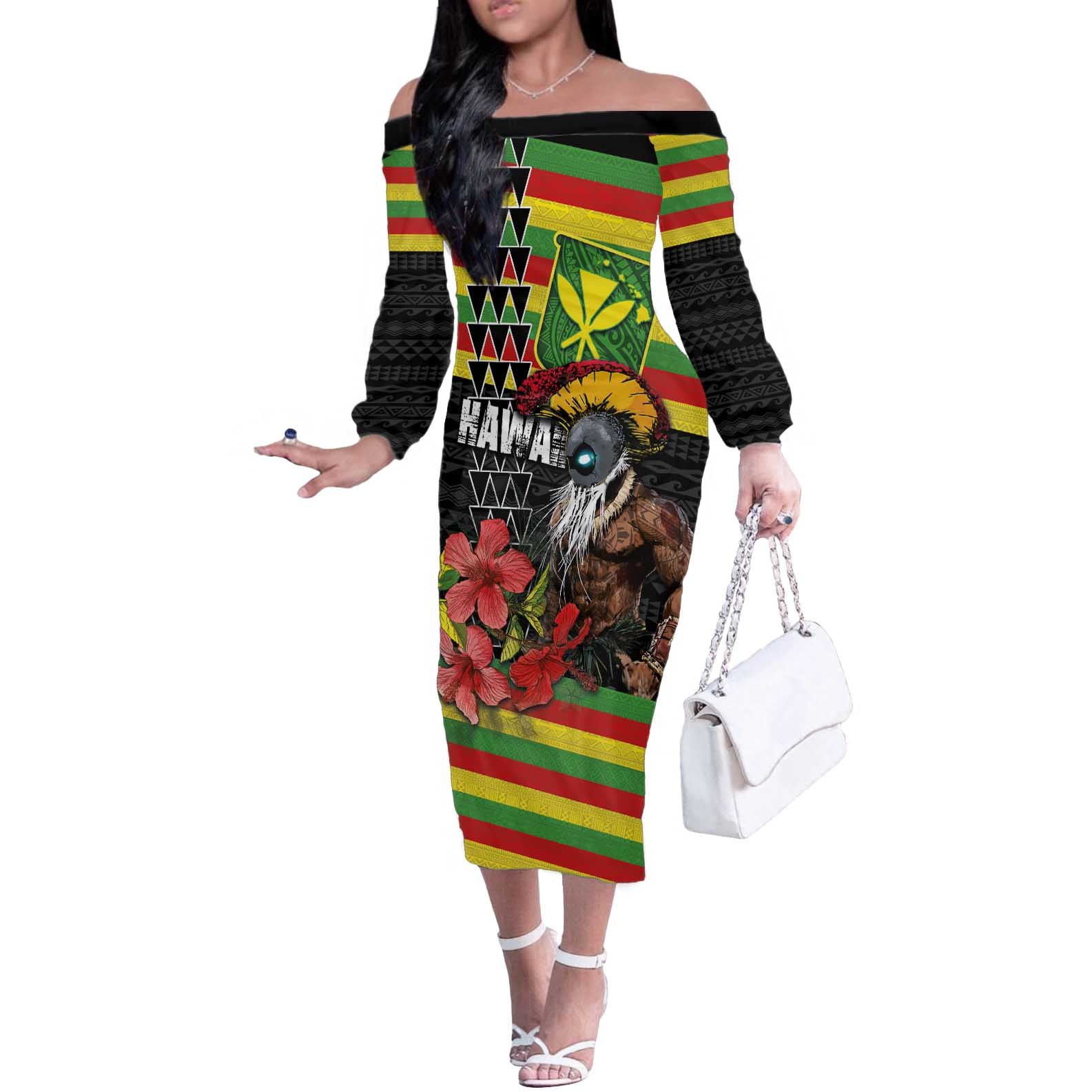 Kanaka Maoli Ikaika Warrior Off The Shoulder Long Sleeve Dress Hibiscus Kakau Art and Tapa Tribal Pattern