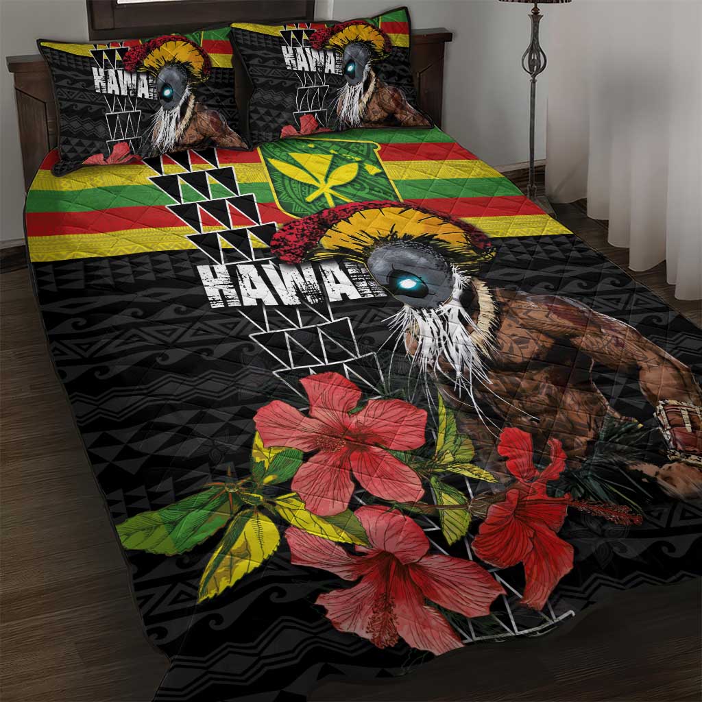 Kanaka Maoli Ikaika Warrior Quilt Bed Set Hibiscus Kakau Art and Tapa Tribal Pattern