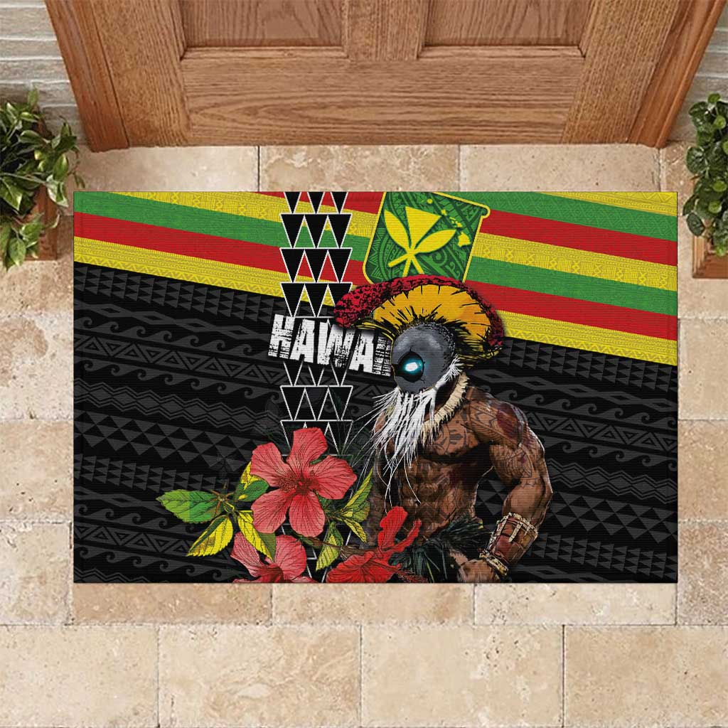 Kanaka Maoli Ikaika Warrior Rubber Doormat Hibiscus Kakau Art and Tapa Tribal Pattern