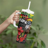 Kanaka Maoli Ikaika Warrior Tumbler With Handle Hibiscus Kakau Art and Tapa Tribal Pattern