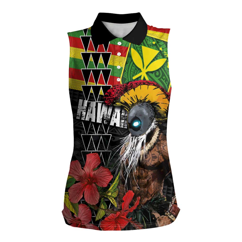 Kanaka Maoli Ikaika Warrior Women Sleeveless Polo Shirt Hibiscus Kakau Art and Tapa Tribal Pattern