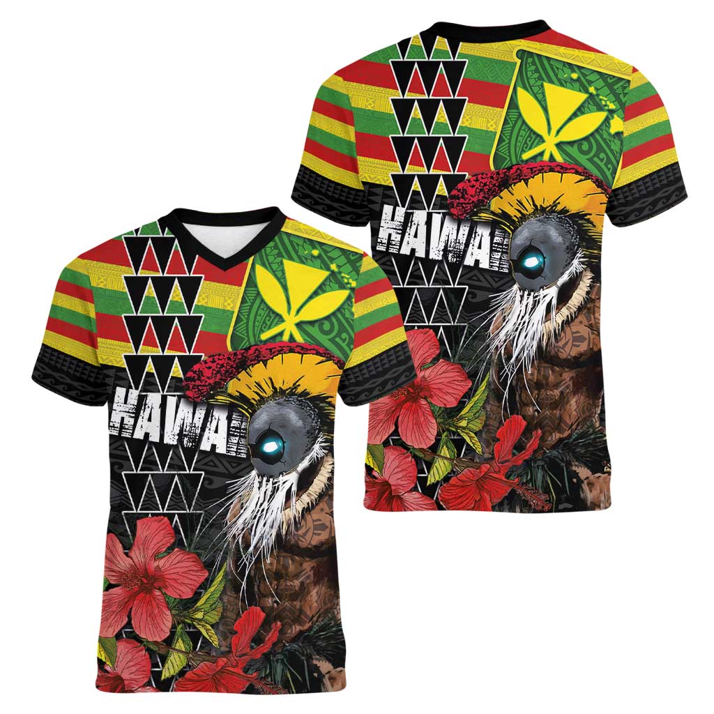 Kanaka Maoli Ikaika Warrior Women V-Neck T-Shirt Hibiscus Kakau Art and Tapa Tribal Pattern