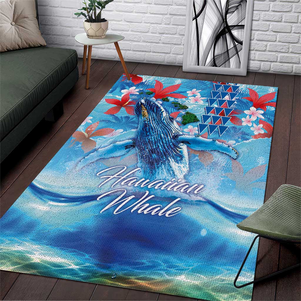 Hawaiian Waves Whale Area Rug Kakau Art and Tropical Red Hibiscus Flowers