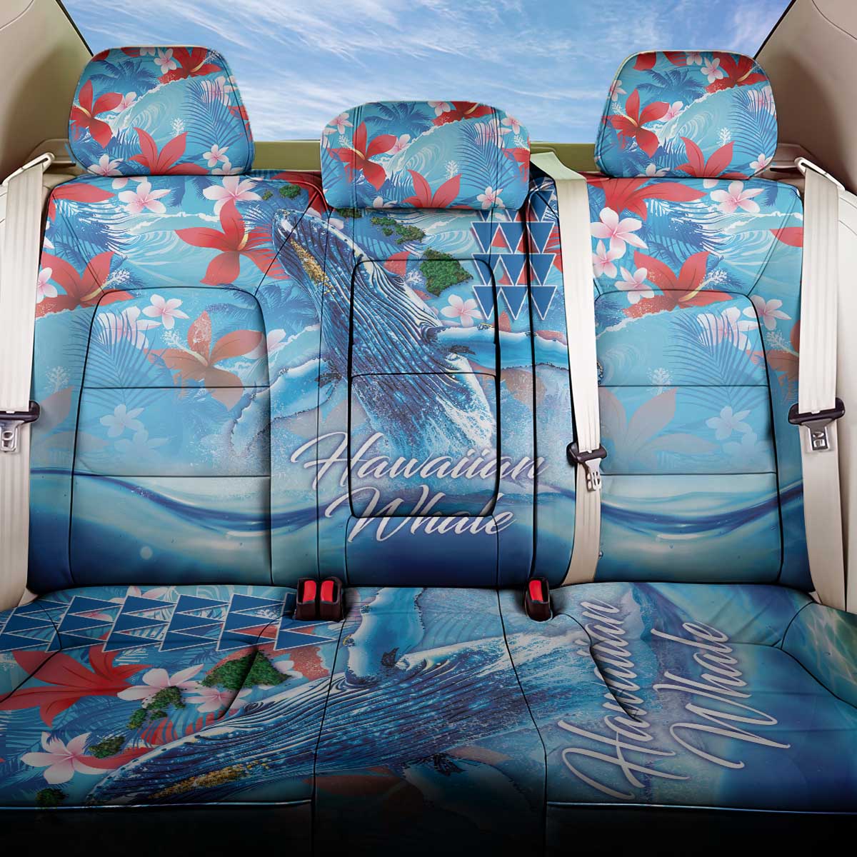 Hawaiian Waves Whale Back Car Seat Cover Kakau Art and Tropical Red Hibiscus Flowers