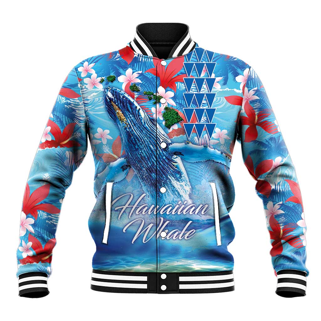 Hawaiian Waves Whale Baseball Jacket Kakau Art and Tropical Red Hibiscus Flowers