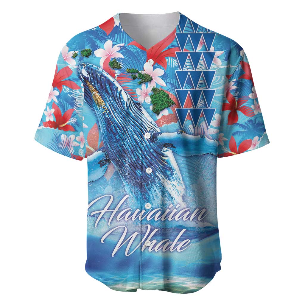 Hawaiian Waves Whale Baseball Jersey Kakau Art and Tropical Red Hibiscus Flowers